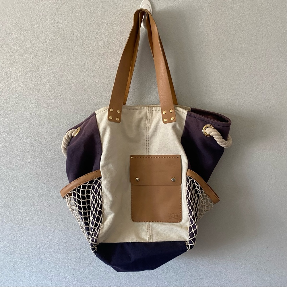 UGG Australia Tote Bag Womens Large Canvas Mesh Pockets Leather Strap Beach Purs